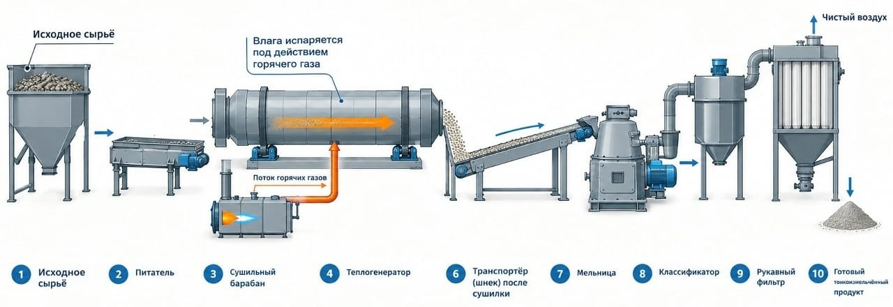 Барабанная сушилка и помол